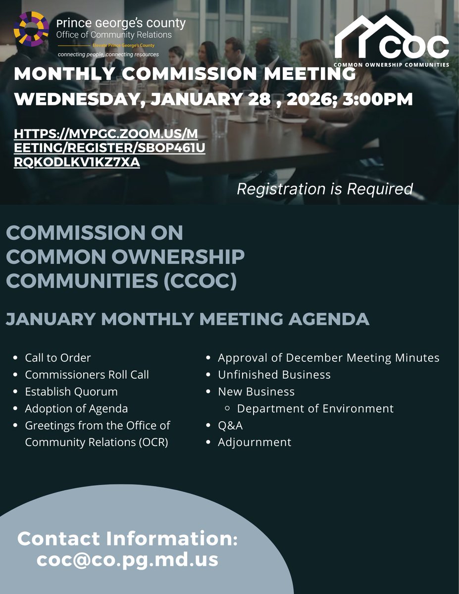 PGCCommunity's tweet image. 📣 Virtual Community Meeting
📣 Join OCR &amp;amp; CCOC for a virtual meeting on Wed., Jan. 28, 2025!

Live in an HOA or condo—or want to learn about CCOC? This meeting is for you.

🖥️ Registration required

#PrinceGeorgesCounty #HOA #CondoLiving