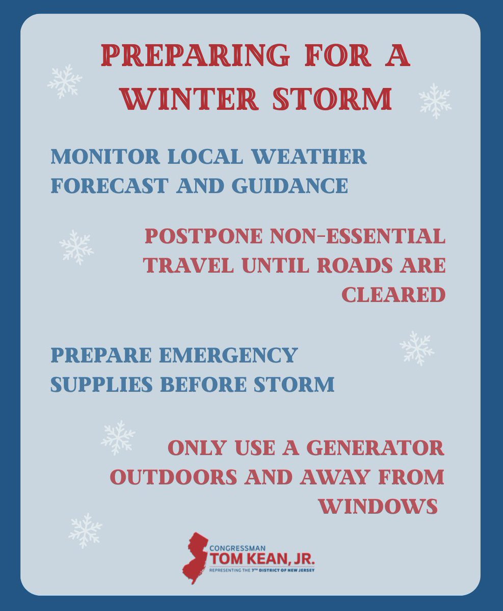 CongressmanKean's tweet image. Heads up, New Jersey! Our region is expecting a significant winter storm over the weekend and into early next week.

Your safety is top priority. Please prepare by monitoring local weather alerts, following official advisories, and taking steps now to keep your family and home…