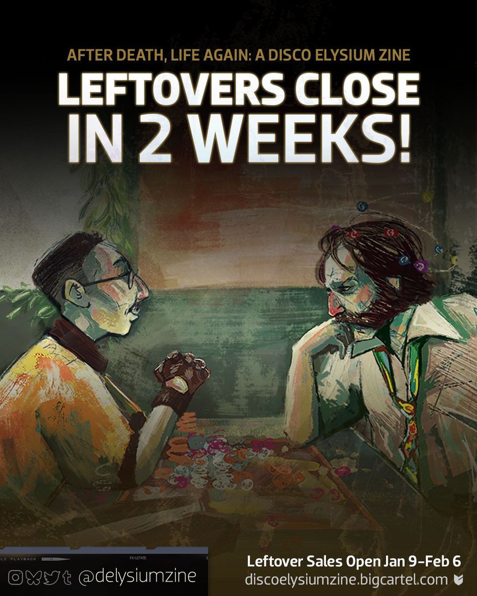 🪩 2 WEEKS LEFT 🪩 

Leftovers close in two weeks on February 6th. Make sure to check out our available stock while it lasts!
 
🛒 discoelysiumzine.bigcartel.com