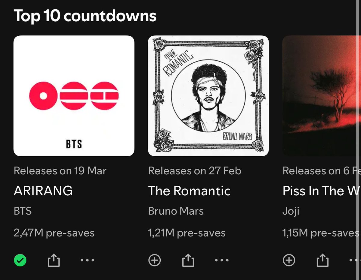 btschartsdailyc's tweet image. 📊| #BTS_ARIRANG has surpassed 2.4M pre-saves on Spotify! *so far*

CONGRATULATIONS BTS
🚨 PRE-SAVE NOW: open.spotify.com/prerelease/1Dc…
