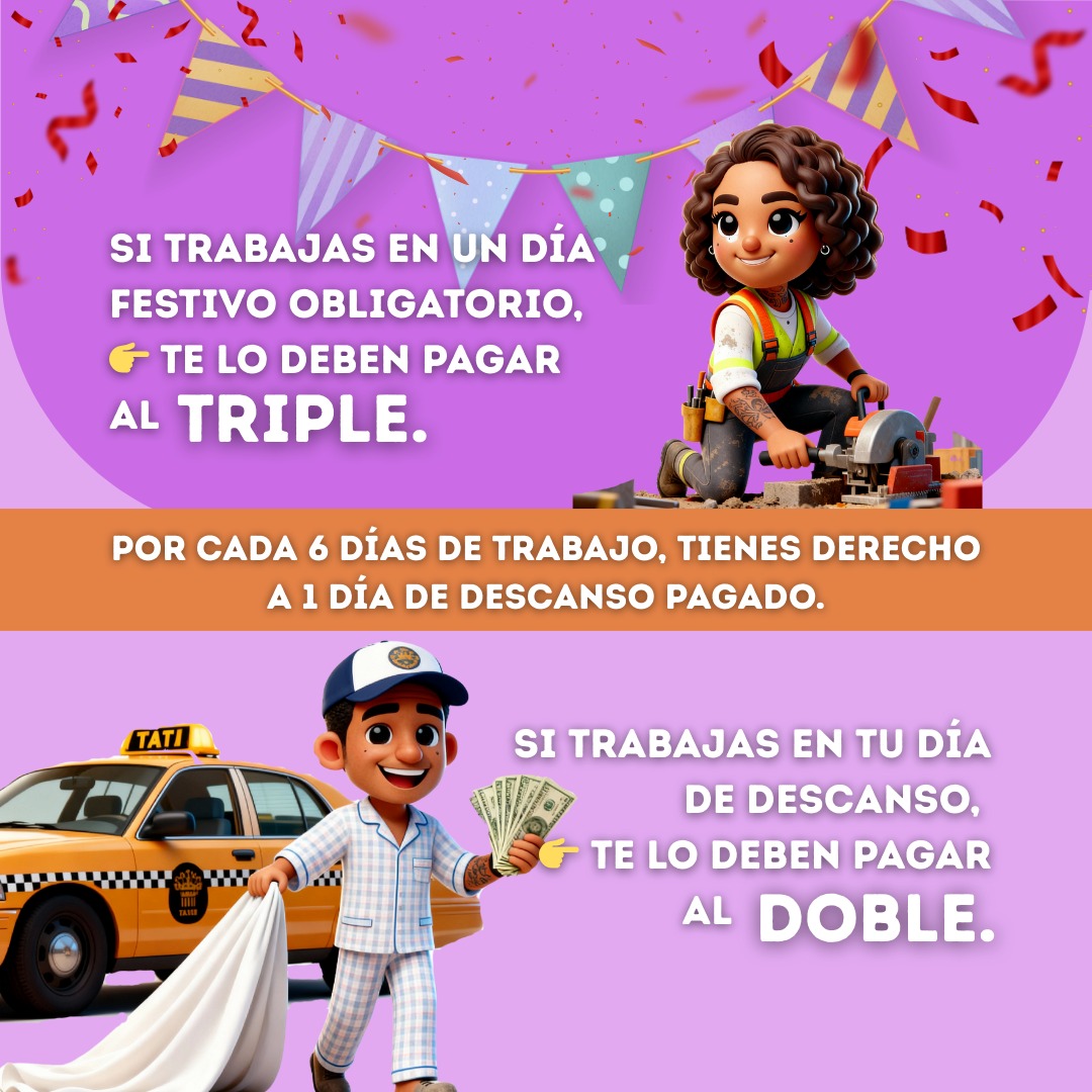 Por cada 6 días de trabajo, tienes derecho a 1 día de descanso pagado. 
Si trabajas en tu día de descanso, te lo deben pagar al doble. 
Si trabajas en un día festivo obligatorio, te lo deben pagar al triple. 
El Mundial 2026 no cambia la ley. 
📌 Descansar también es un derecho