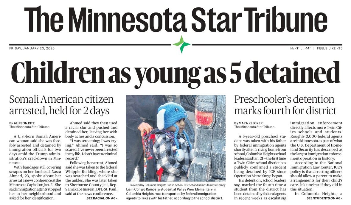 La tapa casi escalofriante del diario histórico de Minneapolis hoy: "Niños hasta de 5 años detenidos". Un testimonio del estado policial que quiere imponer Donald Trump.