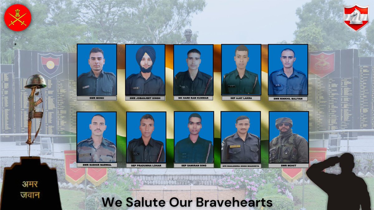 Salute the 10 Indian Army Bravehearts who made the supreme sacrifice in a tragic vehicular accident while moving on operational duty through treacherous terrain and extremely challenging weather conditions in the general area of Doda in J&amp;K. Aum Shaanti! 🙏