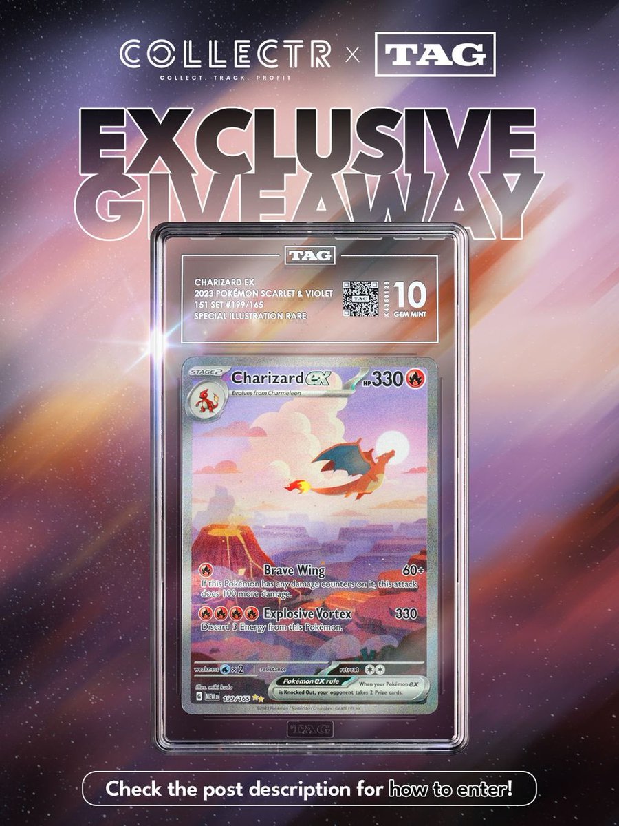 🔥Collectr x TAG Exclusive Giveaway!🔥

Up next in our weekly <a href="/getcollectrapp/">Collectr - TCG Collector App</a> x <a href="/TAGgrading/">TAG</a> giveaway series, we’re giving away a TAG 10 Charizard Ex Special Illustration Rare from the 151 Set to ONE lucky winner. 🌋

How to enter:
1️⃣ On Instagram, Follow @getcollectr and
