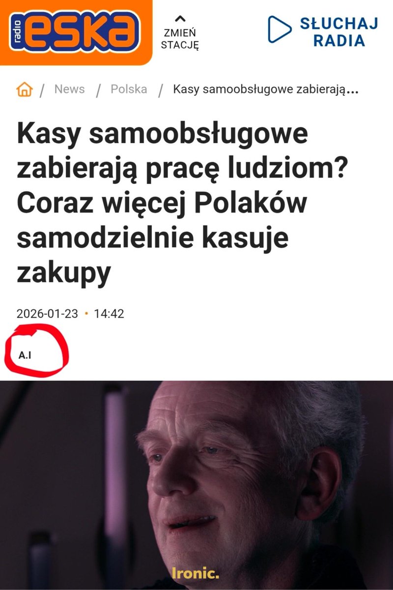 murczkiewiczyzm's tweet image. Artykuł o tym, że kasy samoobsługowe zabierają pracę ludziom, napisany przez AI.

Kurtyna xD