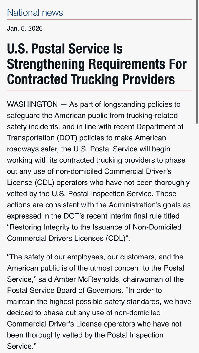 Day 91! No progress since mail-in ballot activist <a href="/AmberMcReynolds/">Amber McReynolds</a> and <a href="/USPS/">U.S. Postal Service</a> admitted the safety concerns of non-domiciled CDL drivers and they would phase them out.

Pitiful Pete is still letting his contractors use thousands every day

<a href="/SecDuffy/">Secretary Sean Duffy</a> <a href="/PeteSessions/">Pete Sessions</a> <a href="/RepBrandonGill/">Congressman Brandon Gill</a>