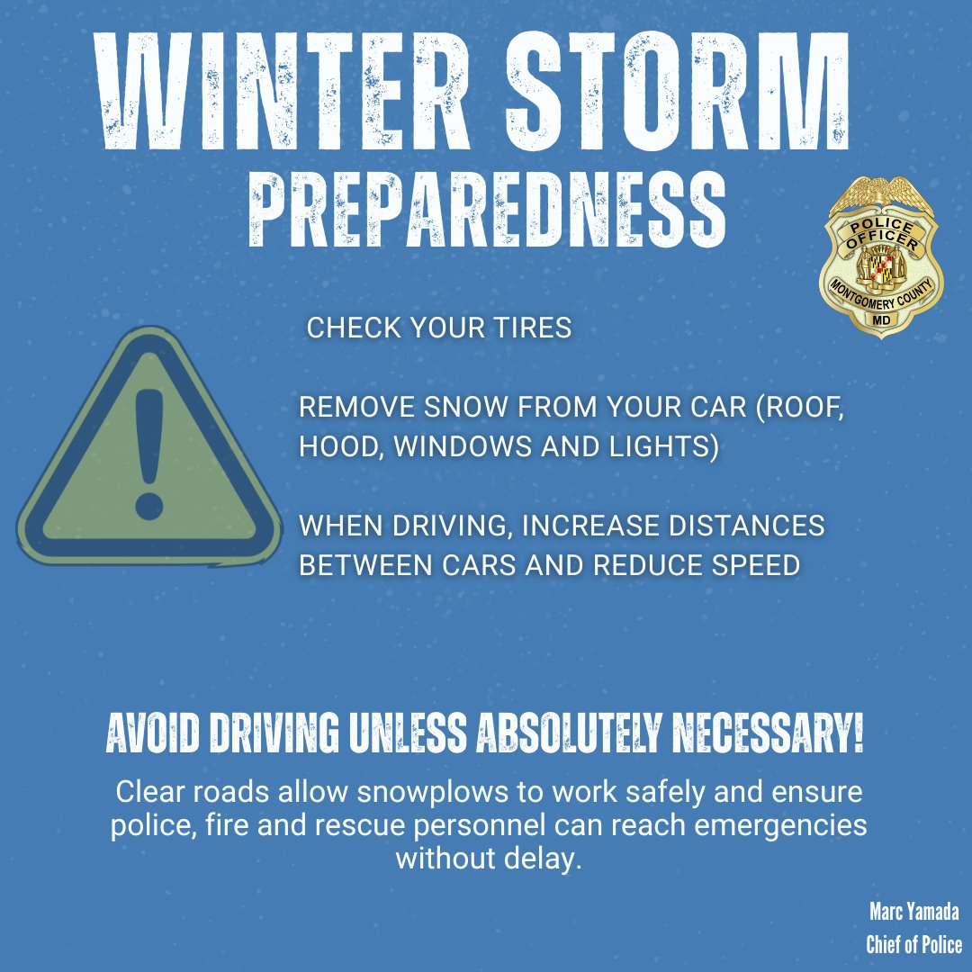 Winter weather is expected this weekend and road conditions could become dangerous quickly.

If you have to be out, take a few minutes to clear off your car, slow down, and leave extra space between vehicles.

If you can stay home, please do. 

Stay safe, MoCo!

#MoCoWinterWatch
