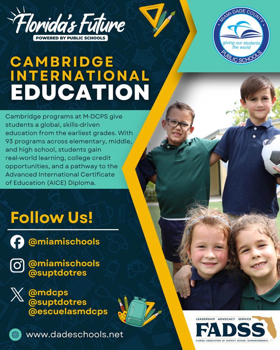 MDCPS's tweet photo. Joining the @PublicSchoolSup Florida’s Future: Powered by Public Schools initiative as we celebrate Advanced Academics and highlight our Cambridge International Education programs at @MDCPS. To learn more about how your child can have an early start to our innovative Cambridge programs, visit https://t.co/x1lpdrKW21