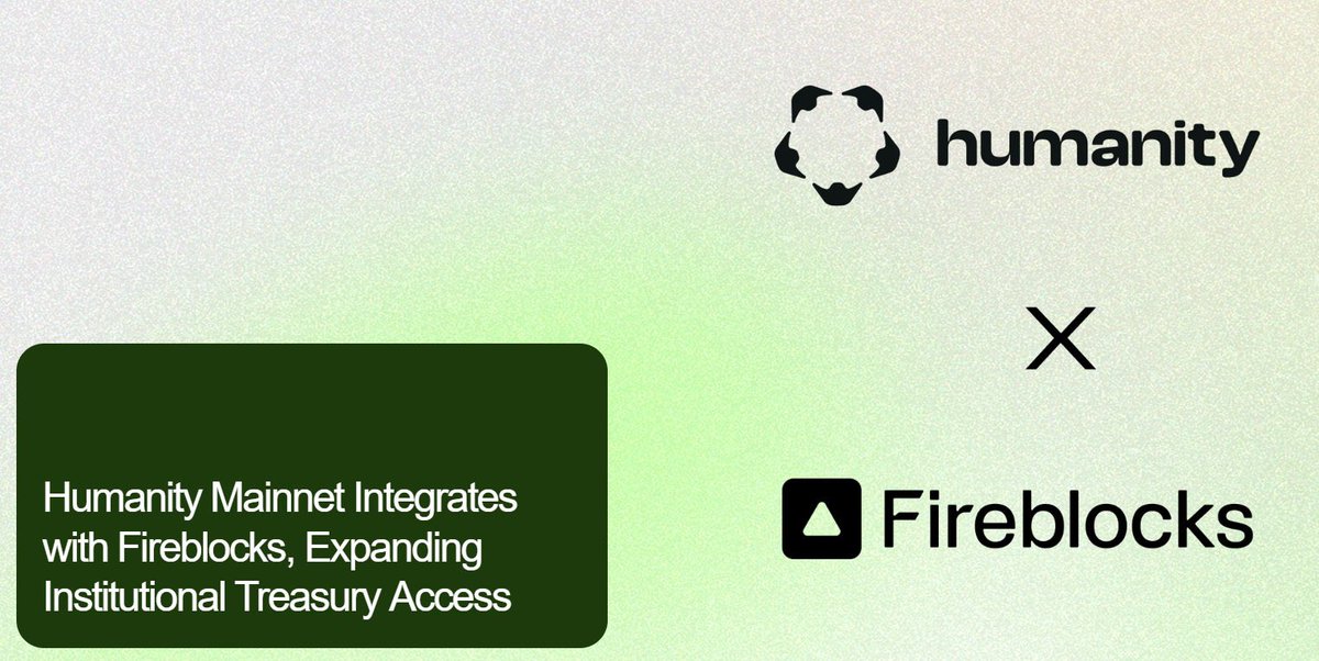 $H just got a big institutional unlock. Humanity Mainnet is now supported by Fireblocks, the treasury OS for institutions. 

2,400+ institutions can now custody + operate $H through existing workflows. $10T+ secured. This is how adoption starts!

<a href="/Humanityprot/">Humanity Protocol 「 🖐️ ✦ 🇺🇳 」</a> #Partner