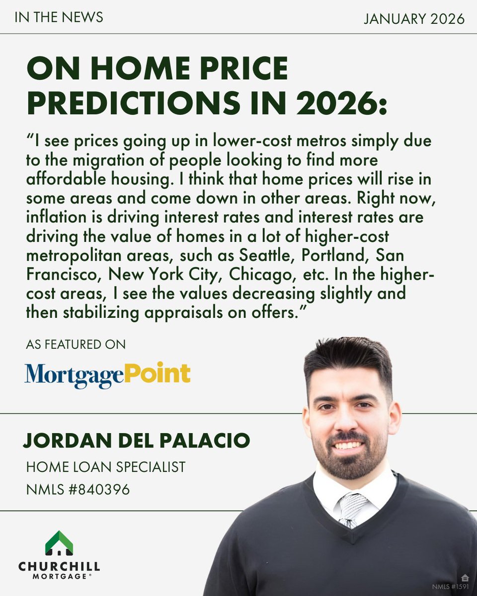 Jordan Del Palacio, Home Loan Specialist out of Tri-Cities, WA, spoke to <a href="/MortgagePointMP/">The MortgagePoint</a> about his home price predictions for 2026. Read more here: hubs.la/Q03_jrn60