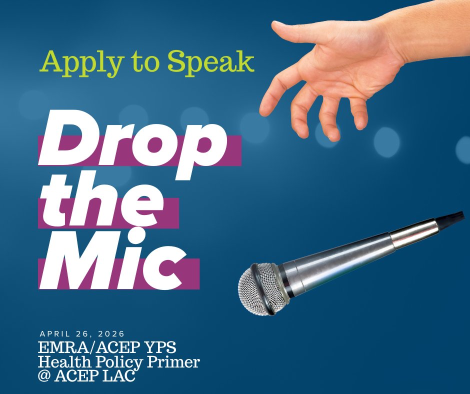 emresidents's tweet image. Want a national speaking credit? 🎤 Apply for Drop the Mic at the upcoming EMRA/ACEP YPS Health Policy Primer @ ACEP LAC in D.C. this April 26: emra.org/be-involved/ev…

⏰ Apply by January 30, 2026 at 11:59 PM CST

#EMRA #HealthPolicy #DropTheMic #LeadershipDevelopment