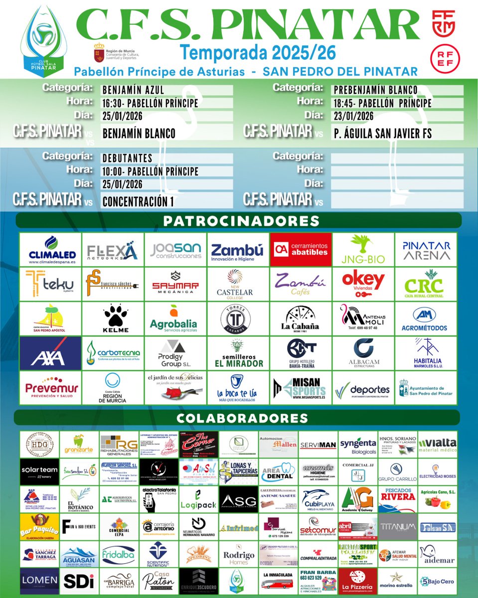 CFS_Pinatar's tweet image. 🤩¡Gracias, futsal, por volver a dejarnos  una buena ración de 𝐩𝐚𝐫𝐭𝐢𝐝𝐚𝐳𝐨𝐬 en casa!

🖼️Estos son los encuentros que los equipos del club disputarán como locales este fin de semana 

#GOPinatar #CFSFactory💙💚