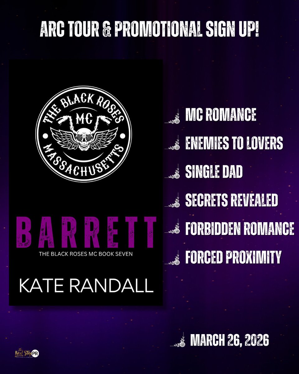 𝗠𝗖 𝗥𝗢𝗠𝗔𝗡𝗖𝗘 𝗟𝗢𝗩𝗘𝗥𝗦! 📣
#Barrett by #KateRandall
Genre: #MCRomance
Releasing 3.26
#SignUp  bit.ly/BarrettRelease…
#HostedBy <a href="/TheNextStepPR/">The Next Step PR</a>
Learn more at thenextsteppr.com