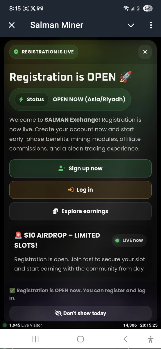 kabayanminer's tweet photo. 🚀 Registration is OPEN for SALMAN Exchange

Mining • Affiliate • Early access

🎁 $10 AIRDROP (Limited slots)
⏰ Asia/Riyadh LIVE now

Don’t join late. Early users always win.
👉 https://t.co/NKauj3m6Aj

$SEXC #Airdrop #Mining #Crypto https://t.co/Ppg777zleu