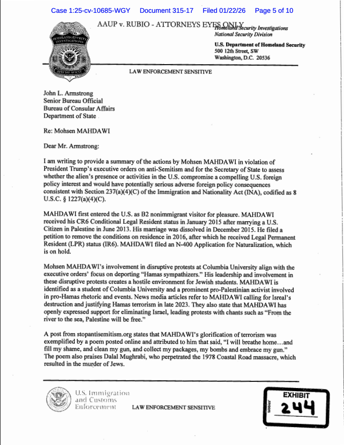 TheFIREorg's tweet image. On Thursday, a federal judge unsealed internal government documents shining a light into how the Trump administration targeted pro-Palestinian foreign students — who were all legally present in the United States — for deportation.

Now we know that the government’s case was built…