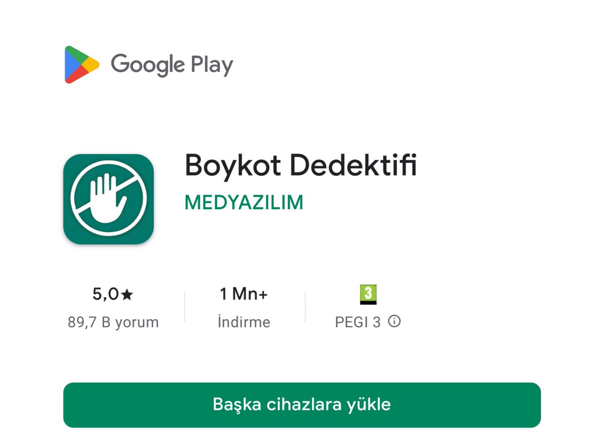 💢 Boykot Dedektifi Mobil Uygulaması
Bundan Tam 1 Yıl Önce 1 Milyonu
Aştığı Halde Google Tarafından
Daha Yeni 1 Mn+ Gösterilmeye Başlandı.

Uygulamanın Android - ios ve Huawei
İndirme Platformlarında Toplam 2.6 Milyon indirmesi ve 1.3 milyon
Günlük Aktif Kullanıcısı Bulunuyor.
