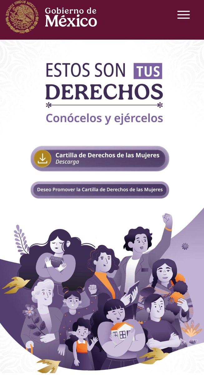 💜 ¡Todos los derechos para todas las mujeres! Conoce la Cartilla de los Derechos de las Mujeres, iniciativa de <a href="/mujeresgobmx/">Secretaría de las Mujeres</a> y descubre herramientas para ejercer tus derechos. 

cartilladerechosdelasmujeres.gob.mx/?fbclid=IwY2xj…
#CartillaDeLasMujeres #ConoceTusDerechos
Presidencia #CPIG: <a href="/z_mosri/">Zulema Mosri</a>