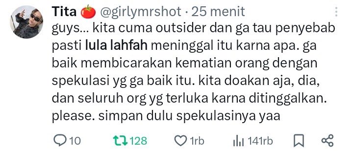 SukaKopi58's tweet photo. Ya ampun netizen. Kasian pihak keluarga lula lahfah :( https://t.co/bLt3f9iedG