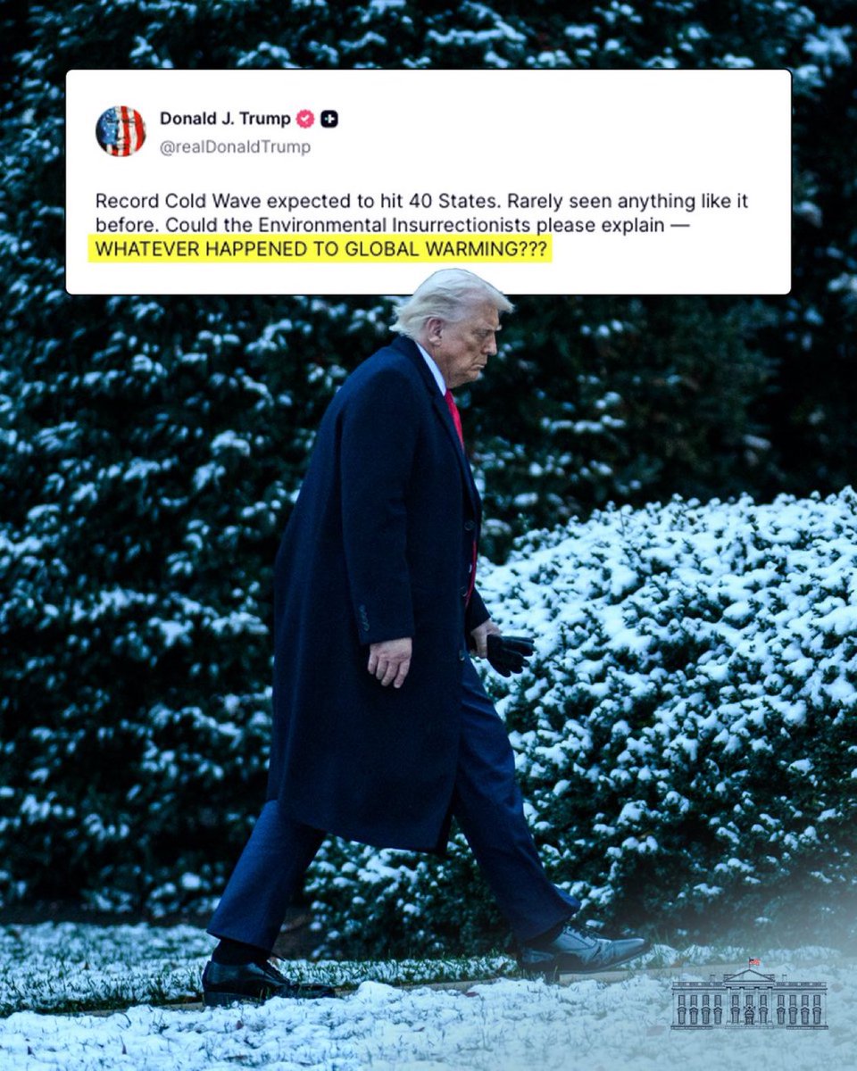 🇺🇸 🔴| LO ÚLTIMO: Donald Trump: 

«Se espera una ola de frío récord que afectará a 40 estados. Rara vez se ha visto algo así».

«¿Podrían los activistas ecologistas explicar QUÉ PASÓ CON EL CALENTAMIENTO GLOBAL?».