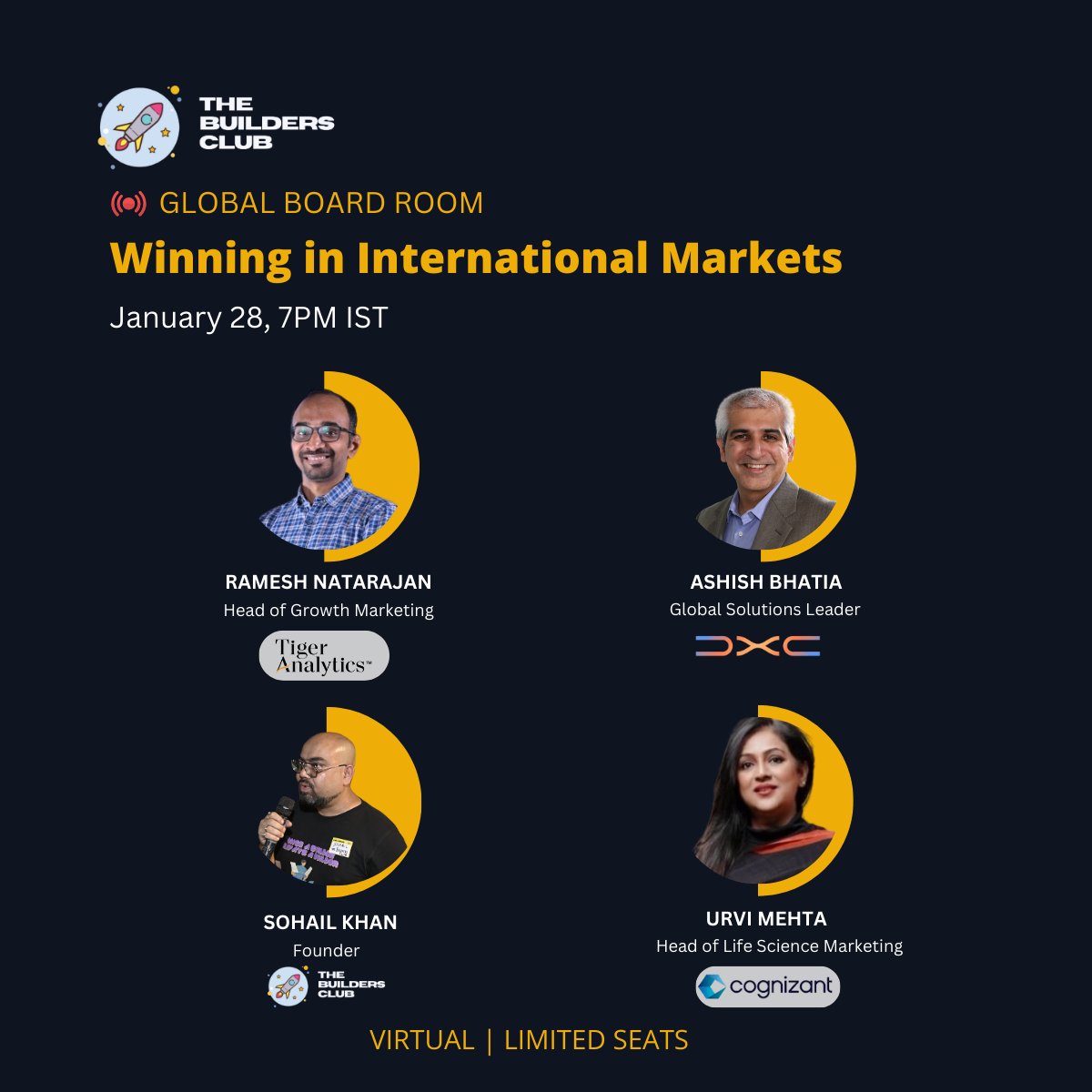 🌍 Scaling globally? Join the Global GTM Boardroom by TheBuildersClub.

🎯 Winning in International Markets
Real GTM insights from leaders at <a href="/TigerAnalytics/">Tiger Analytics</a> , <a href="/DXCTechnology/">DXC Technology</a>  &amp; <a href="/Cognizant/">Cognizant</a> .

📅 28 Jan | 🔒 Invite-only
🔗 luma.com/xsfnvybp