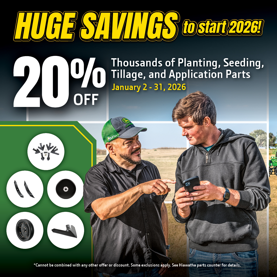 ⏰ ONE WEEK LEFT! ⏰
Don’t miss out on 20% OFF thousands of planting, seeding, tillage, and application parts at Hiawatha Implement.
📅 Sale ends January 31, 2026
✔️ Get ready for spring
✔️ Save money now
✔️ Parts you already need

Stop by our parts counter before time runs out!
