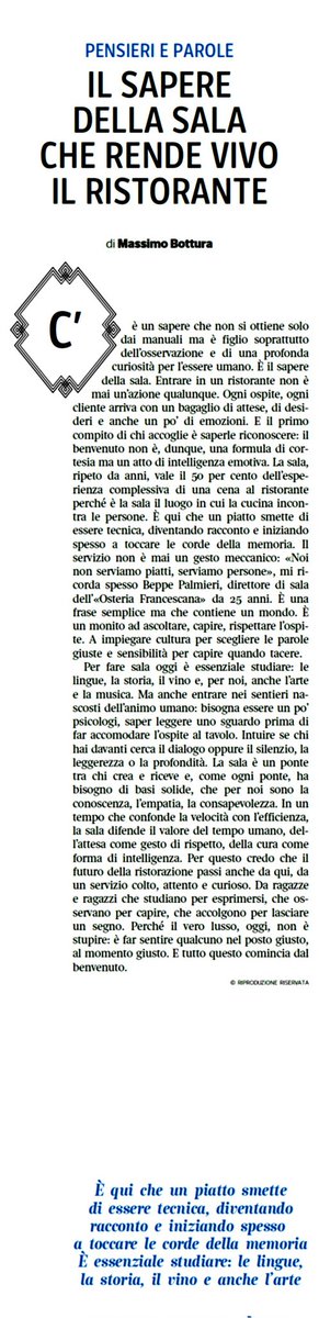 Cook Corriere della Sera ‼️
📌 Massimo Bottura racconta "La Sala che rende vivo il Ristorante"