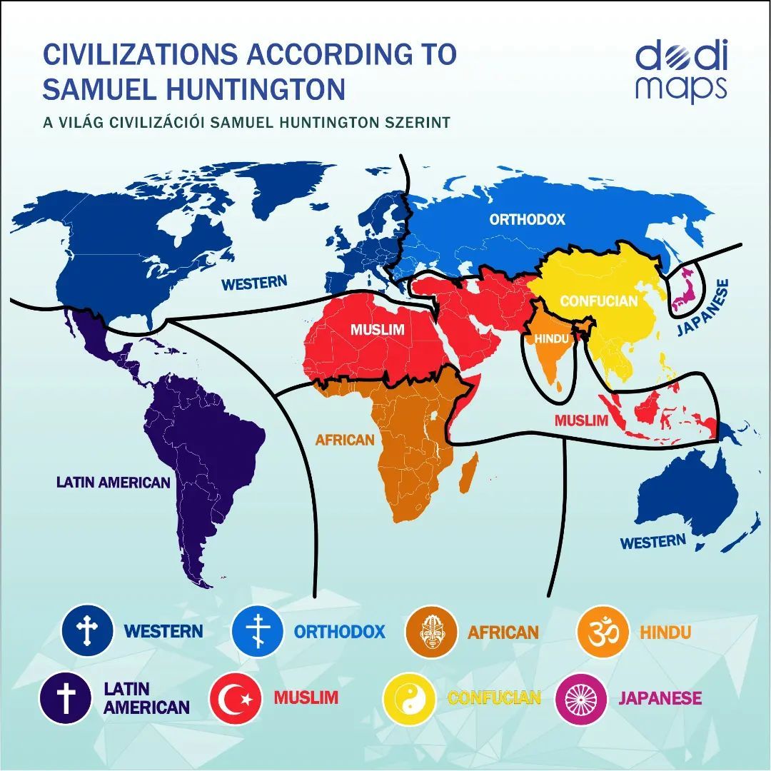 vintagemapstore's tweet image. Civilizations according to Samuel Huntington. Source: S.Huntington: The Clash of Civilizations