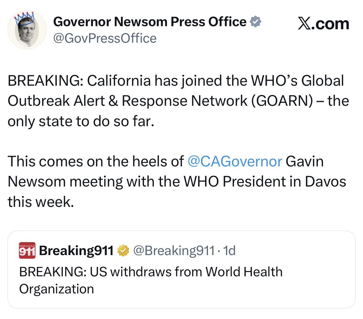 harryjsisson's tweet image. This is a fantastic move by Governor Newsom. After Trump officially pulled the U.S. out of the WHO, California is stepping up. Providing leadership when the United States currently has none.