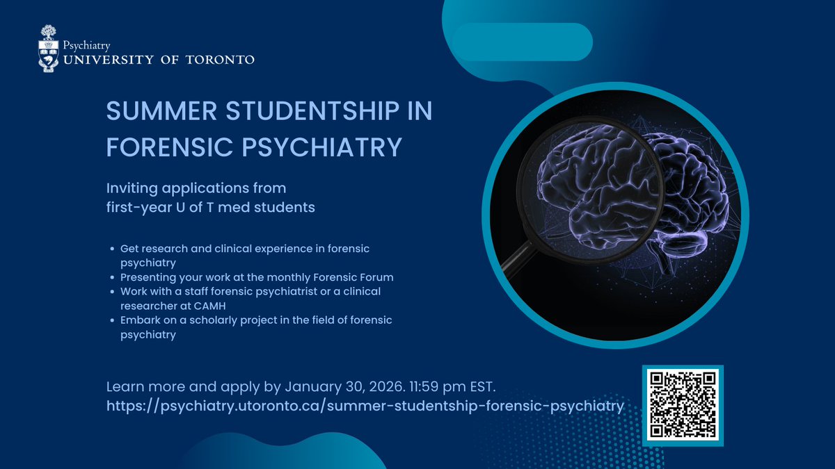 Attention first-year <a href="/UofTMDprogram/">U of T MD Program</a> students! Are you interested in forensic psychiatry? Discover the Summer Studentship in Forensic Psychiatry – your chance to get first-hand experience in the field!  6 spots available. Apply by January 30, 2026: psychiatry.utoronto.ca/summer-student….