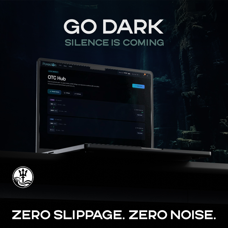 poseidoncash's tweet image. Poseidon's Decentralized OTC is Coming

- Secure escrow
- Private rooms
- Customizable lockups
- Instant settlement
- Invite-only
- Relayer-powered

Move Size. Not Markets. Your trades, your rules.

$POS

EMKP9FV5wakvyodPh8edQW4RTSbHPrhYRDEiCiz1pump