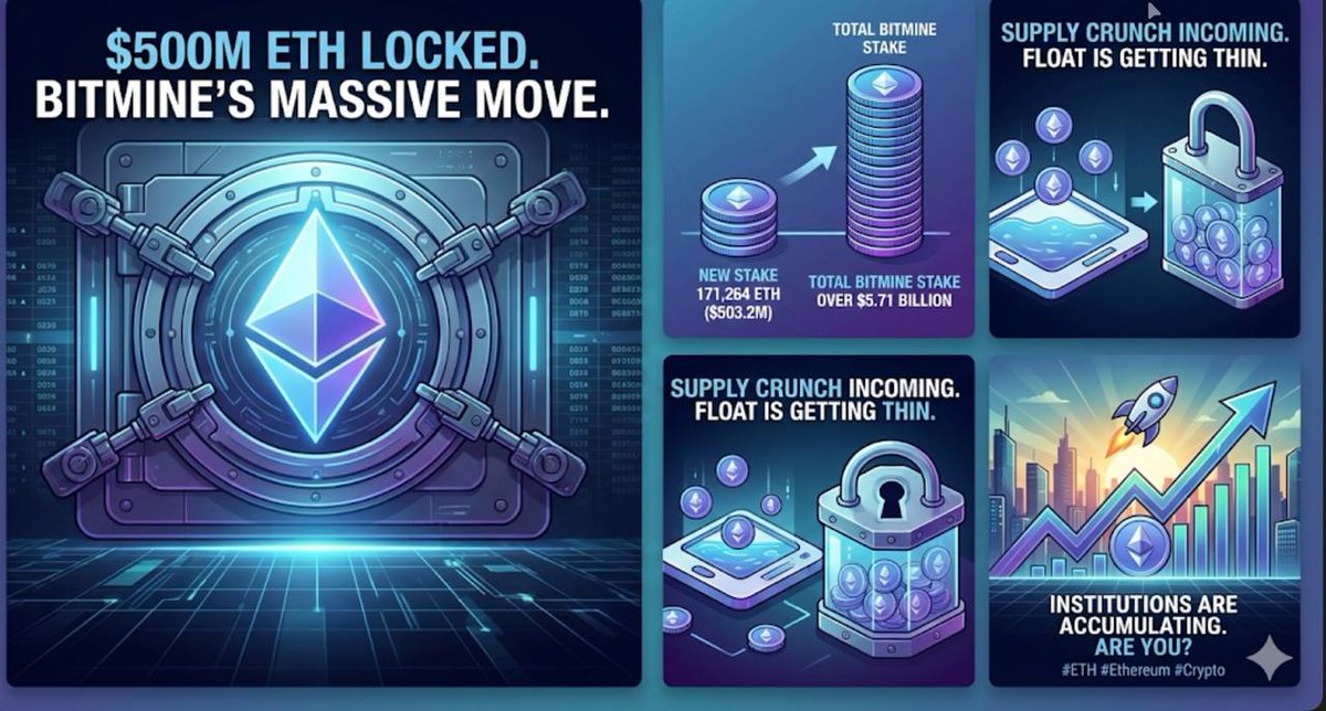 CryptoZ22859's tweet image. $ETH on-chain supply dynamics continue to tighten.

Bitmine staked another ~171k ETH (~$500M), bringing total ETH locked by them to ~$5.7B. This shifts ETH from liquid supply into staking contracts, reducing near-term sell-side availability.

Supply absorption can be supportive…
