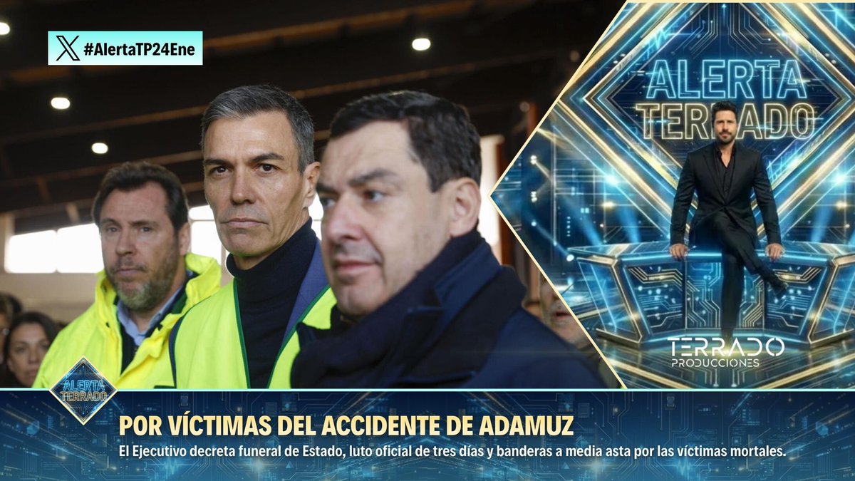 ⚫️ Por las víctimas del accidente de Adamuz, el Gobierno decreta funeral de Estado y luto oficial de 3 días.

🇪🇸 Banderas a media asta en edificios públicos en homenaje.

🙏 La medida busca honrar a las víctimas y expresar el duelo institucional.

⚠️ #AlertaTP24Ene