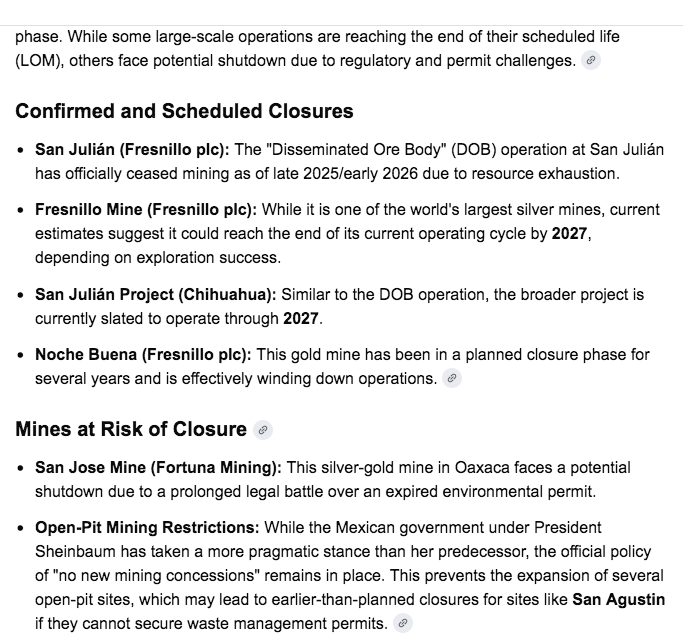 Mexico, largest producer of silver, will have some silver mine closures in 2026. They are shown below. 
A few new mines are expected to come on line, but not until 2027. 
A tight supply gets tighter.