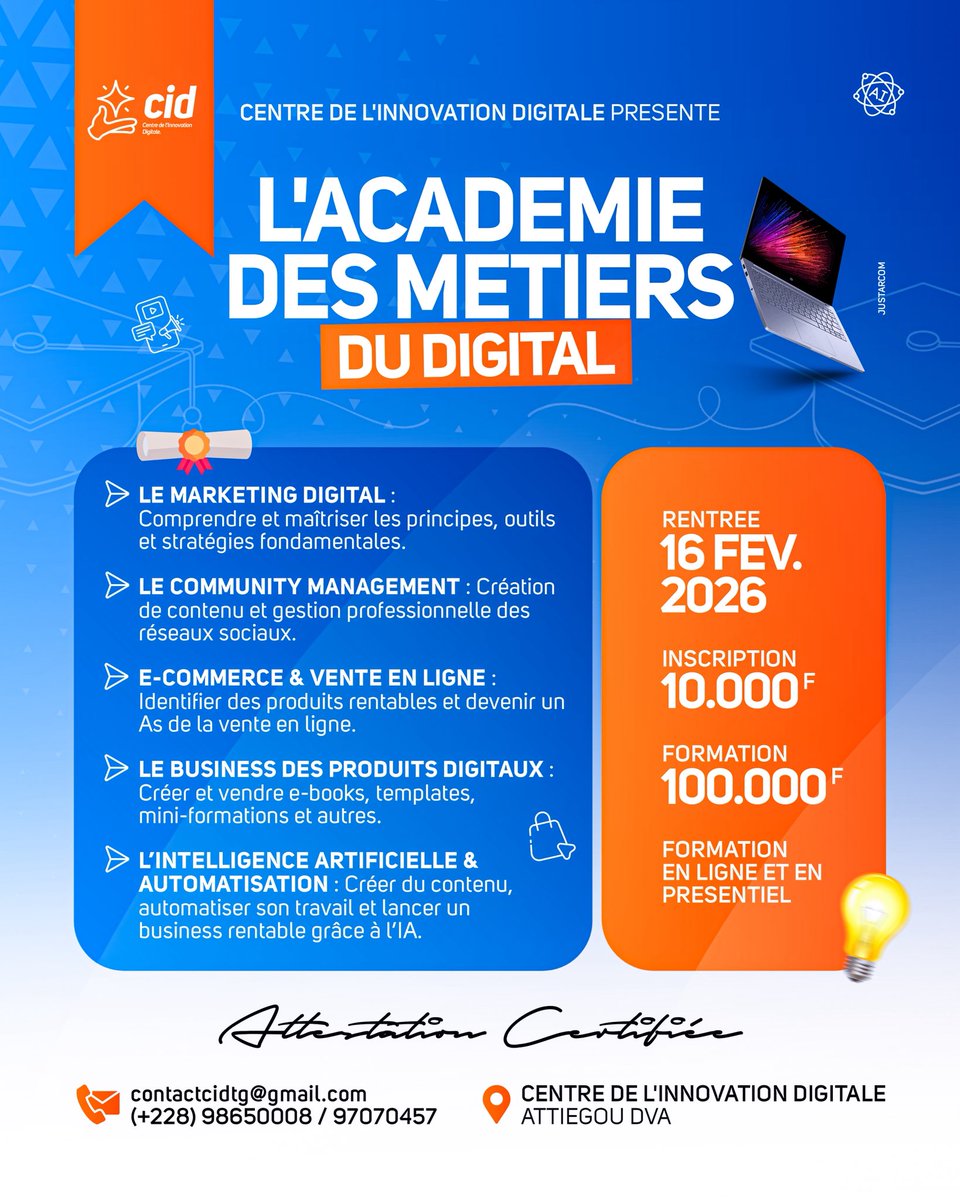 ENTREZ DANS LES MÉTIERS QUI FAÇONNENT L’AVENIR

Une formation complète, pratique et orientée résultats, conçue pour celles et ceux qui veulent apprendre le digital et en vivre réellement.

Infos &amp; inscription : (+228) 98650008 / 97070457

#AcadémieDesMétiersDuDigital
#CID