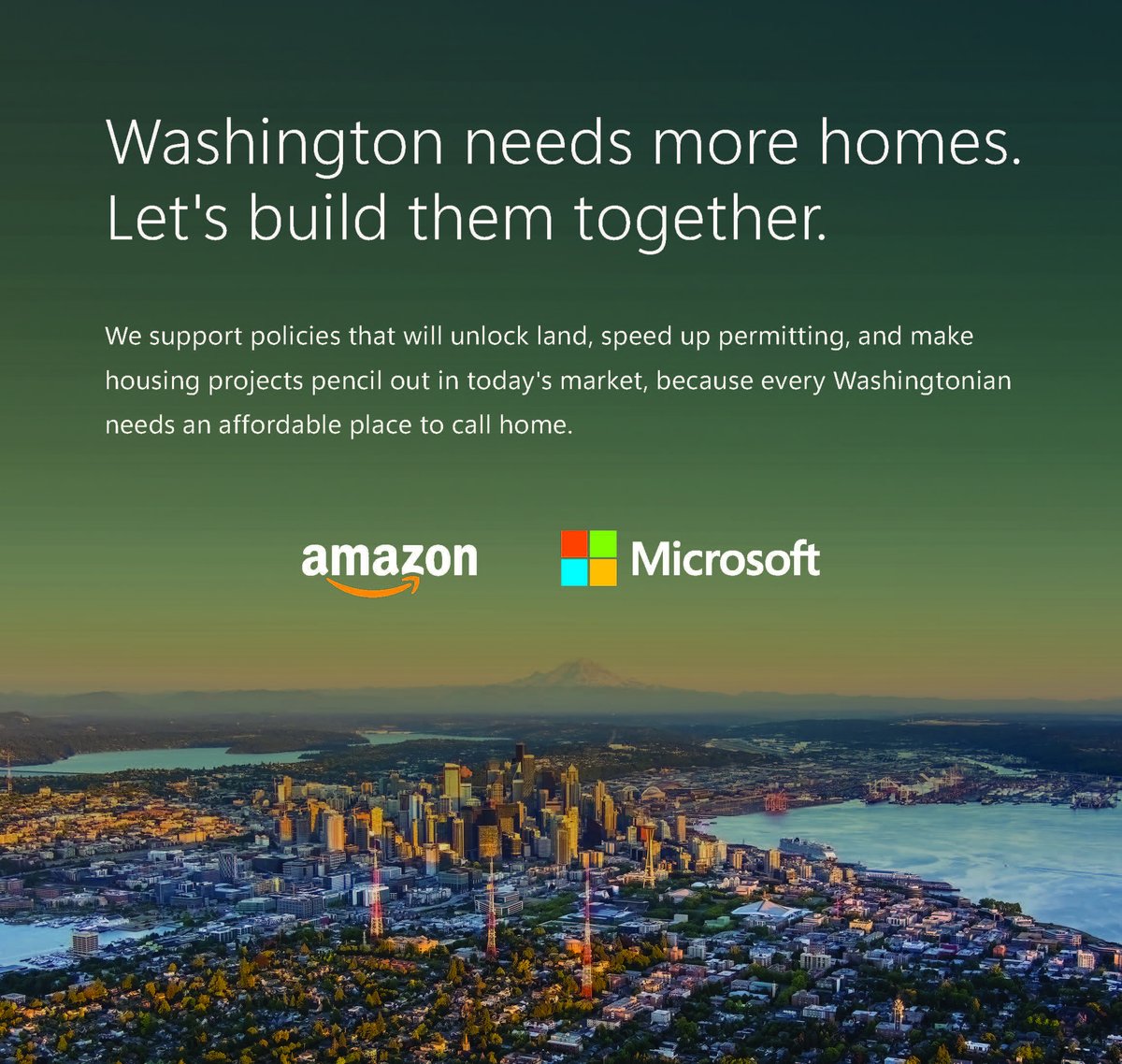 BradSmi's tweet photo. Housing affordability is a critical challenge facing Washington state. Together, @Microsoft and @amazon have committed more than $1.6 billion to help preserve and build more than 26,000 affordable housing units across our home state. While this is progress, it is not enough to fill a growing gap. 

@DavidZapolsky and I highlight pragmatic steps Washington state leaders need to advance to help turn the tide. https://t.co/cyMElvE9gZ