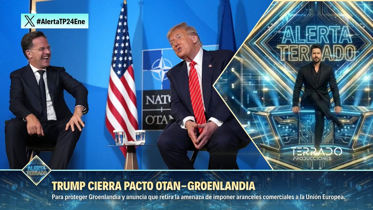 🛡️ Trump cierra pacto OTAN-Groenlandia para proteger el territorio ártico.

💰 Anuncia que retira la amenaza de imponer aranceles comerciales a la Unión Europea.

❄️ El acuerdo asegura la defensa aliada de Groenlandia y desactiva temporalmente la tensión.

⚠️ #AlertaTP24Ene