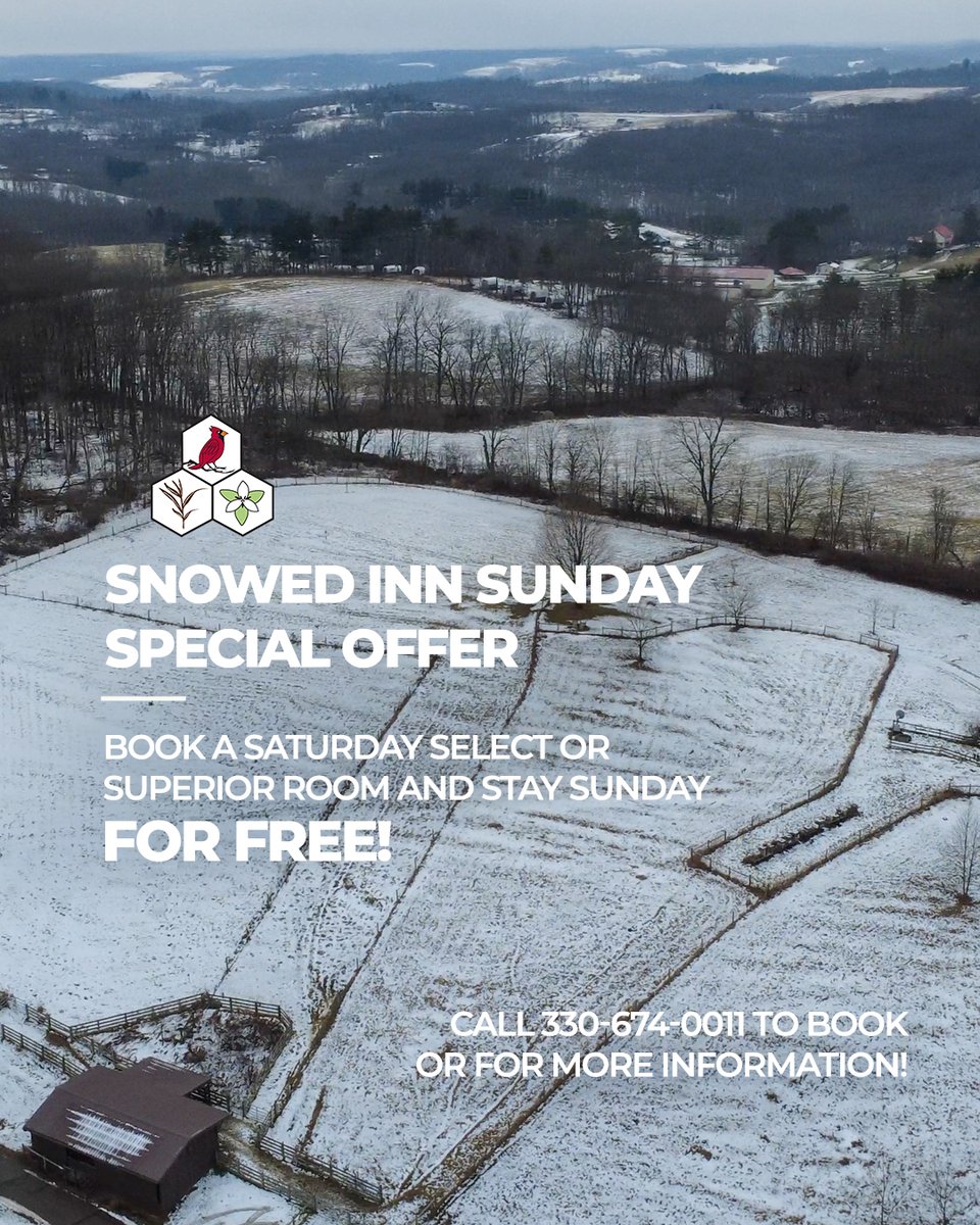 GET SNOWED INN AT <a href="/innathoneyrun/">Inn at Honey Run</a>!
With the winter storm scheduled for Saturday we are offering a very special one-of-a-kind promotion!
BOOK A SELECT OR SUPERIOR ROOM FOR SATURDAY AND STAY SUNDAY FOR FREE! 
MUST CALL TO BOOK! 330-674-0011