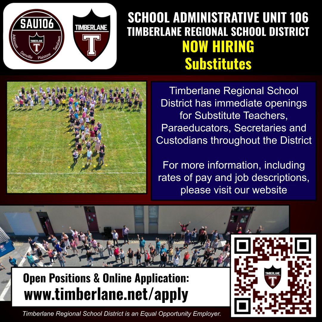 Timberlane Regional School District has immediate openings for Substitute Teachers, Paraeducators, Secretaries and Custodians throughout the District.  For more information, including rates of pay and job descriptions, please visit our website.

buff.ly/af6KMyW