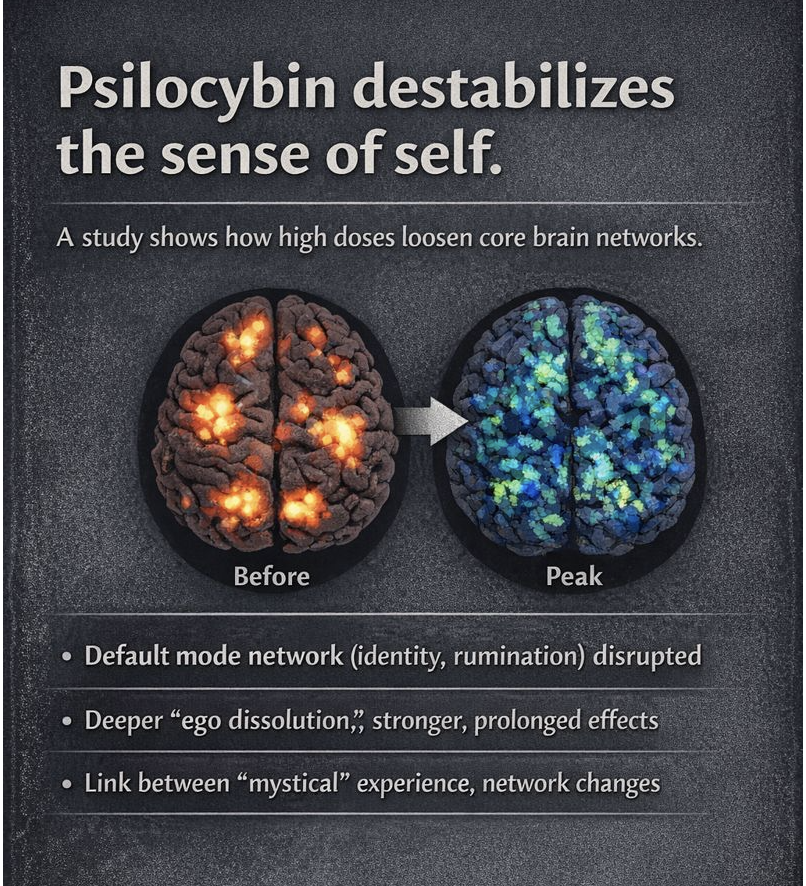 PaulAustin3w's tweet image. Psilocybin doesn’t work by “opening your mind.”

It works by loosening the machinery that holds your sense of self together.

A Washington University study followed healthy participants who received a single high dose of psilocybin, tracking brain activity before, during, and for…