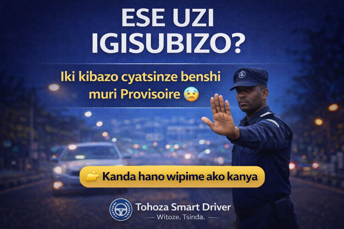 Umuseke's tweet photo. 🚨 Provisoire si igitabo, ni imyitozo.

Abenshi batsindwa kubera kudamenya uko kwitoza.

🧠 Tohoza Smart Driver
✔️ Ibibazo 1.000+
✔️ Simulation nyakuri
✔️ Ikora kuri telefone, nta download

🔗 https://t.co/iSWgR0Vs26

#RwOT #Rwanda #Provisoire #SmartDriver https://t.co/fV09VseO5W