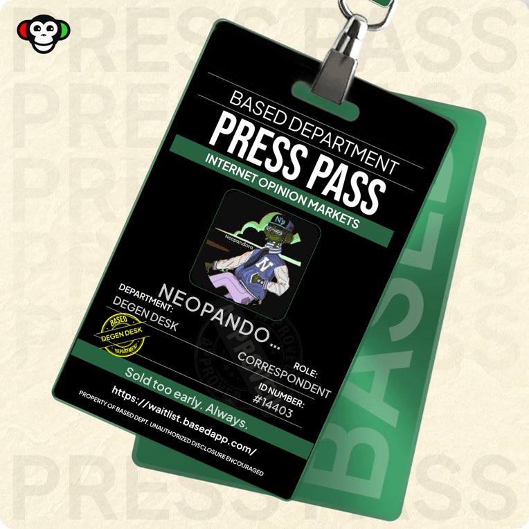 the exclusive Press Pass claim is live.

• select your department
• claim your press pass &amp; share on X
• collect bananas 🍌 for the culture

join the basedapp early access today → waitlist.basedapp.com/?ref=6rQbo0JPl8

I’m in kek.