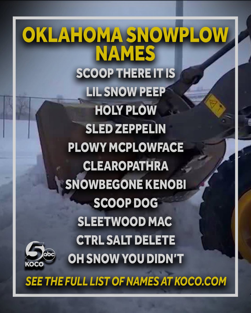 ❄️ The Oklahoma Department of Transportation took the snowplow names to a public vote last year. They didn't disappoint. | MORE: tinyurl.com/4jkpab8k