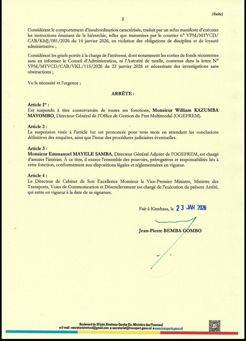EdmondIzuba1's tweet image. 🔴#RDC: Pour avoir utilisé plus de 1.600.000$ sous le couvert du fond secret de recherche, qui n'est pas une mission de l'OGEFRET, William Kazumba Mayombo, DG de cet établissement public est suspendu de ses fonctions par le Ministre de tutelle, @bembajp. Il est sommé de justifier…