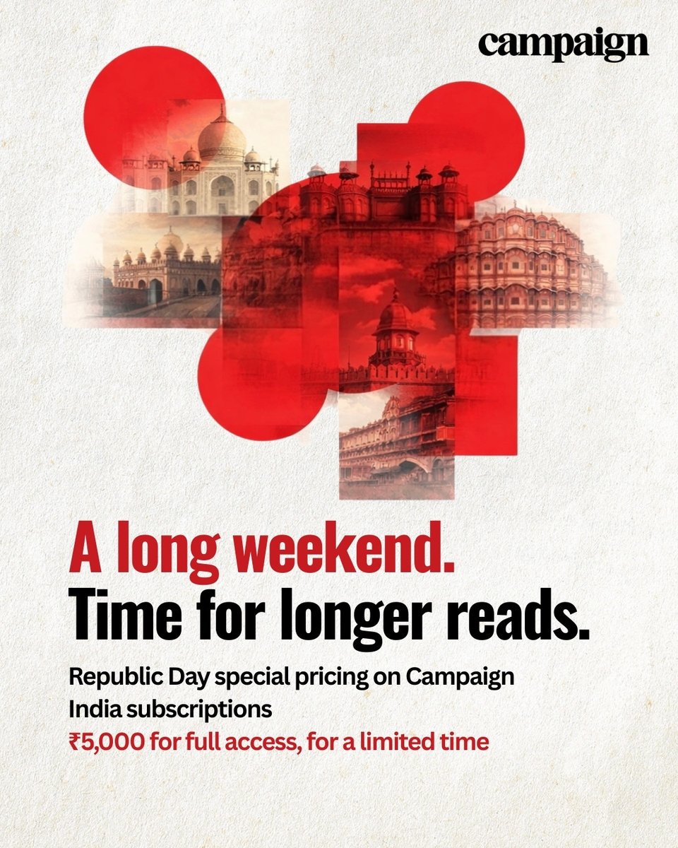 Campaign_India's tweet image. A long weekend deserves deeper reading.
Unlock full access to Campaign India with our thoughtfully priced Republic Day offer, available for a limited time.

Subscribe to Campaign India: forms.zohopublic.in/ithaym1/form/C… 

#specialoffer #marketing #advertising #latestnews #updates