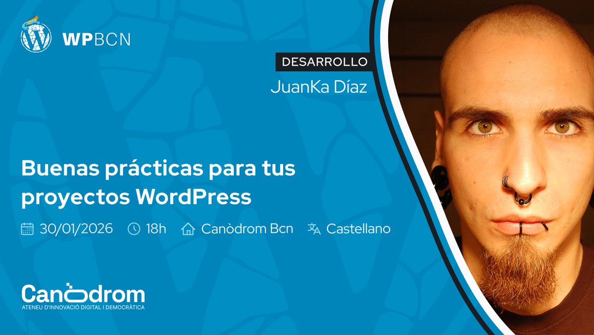 Arrancamos la temporada 2026 de charlas en WordPress Barcelona Meetup hablando de buenas prácticas para nuestros desarrollos en WordPress de la mano de <a href="/jdevelopia/">JuanKa Díaz</a> JuanKa Díaz. Te lo vas a perder? Toda la info aquí meetup.com/wordpressbcn/e…