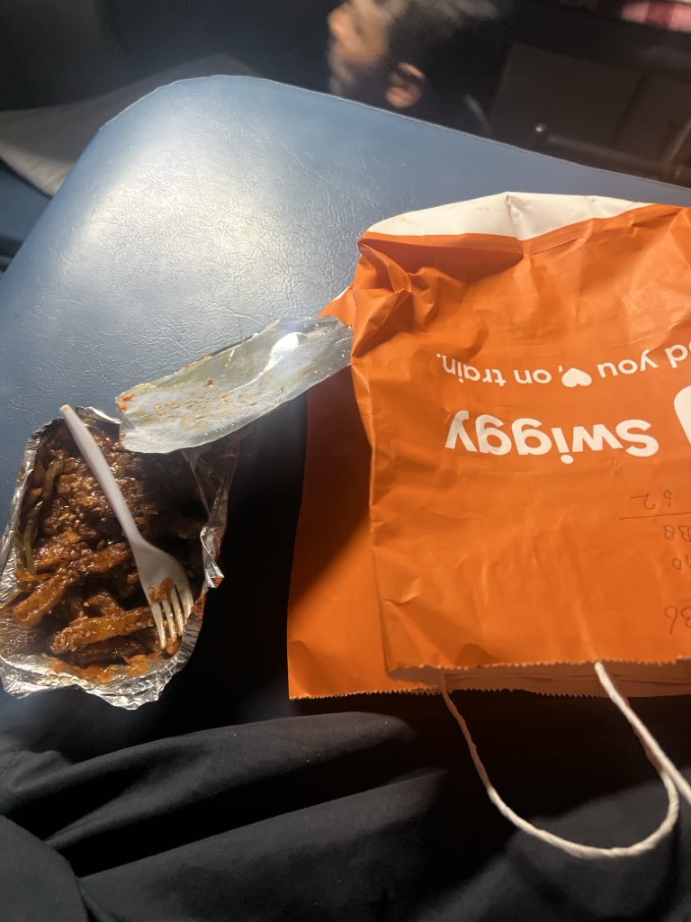 Thankyou @swiggy for delivering this order, it came as a total surprise. Thankyou to the person sitting on this seat! Your train is following my train up untill now! 

Delivery Guy had to go home early and he delivered it in the wrong train. Oops! <a href="/Swiggy/">Swiggy</a>