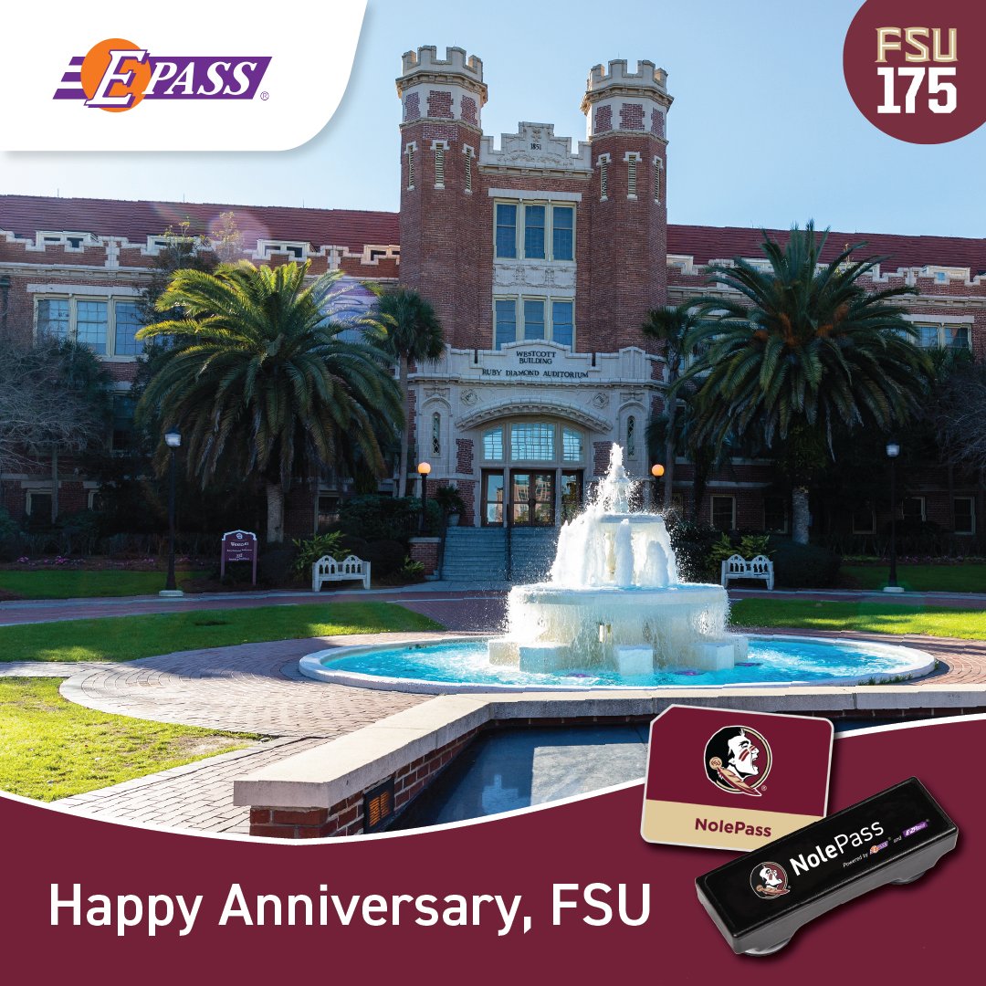 DriveEPASS's tweet image. Happy 175th Anniversary, Florida State University! 🎉

Tomorrow #FSU celebrates 175 years of tradition, pride, &amp;amp; #NoleFamily excellence. ❤️💛

Whether you’re headed to Tallahassee or repping the Garnet &amp;amp; Gold wherever you are, travel smart &amp;amp; drive safe from your friends at