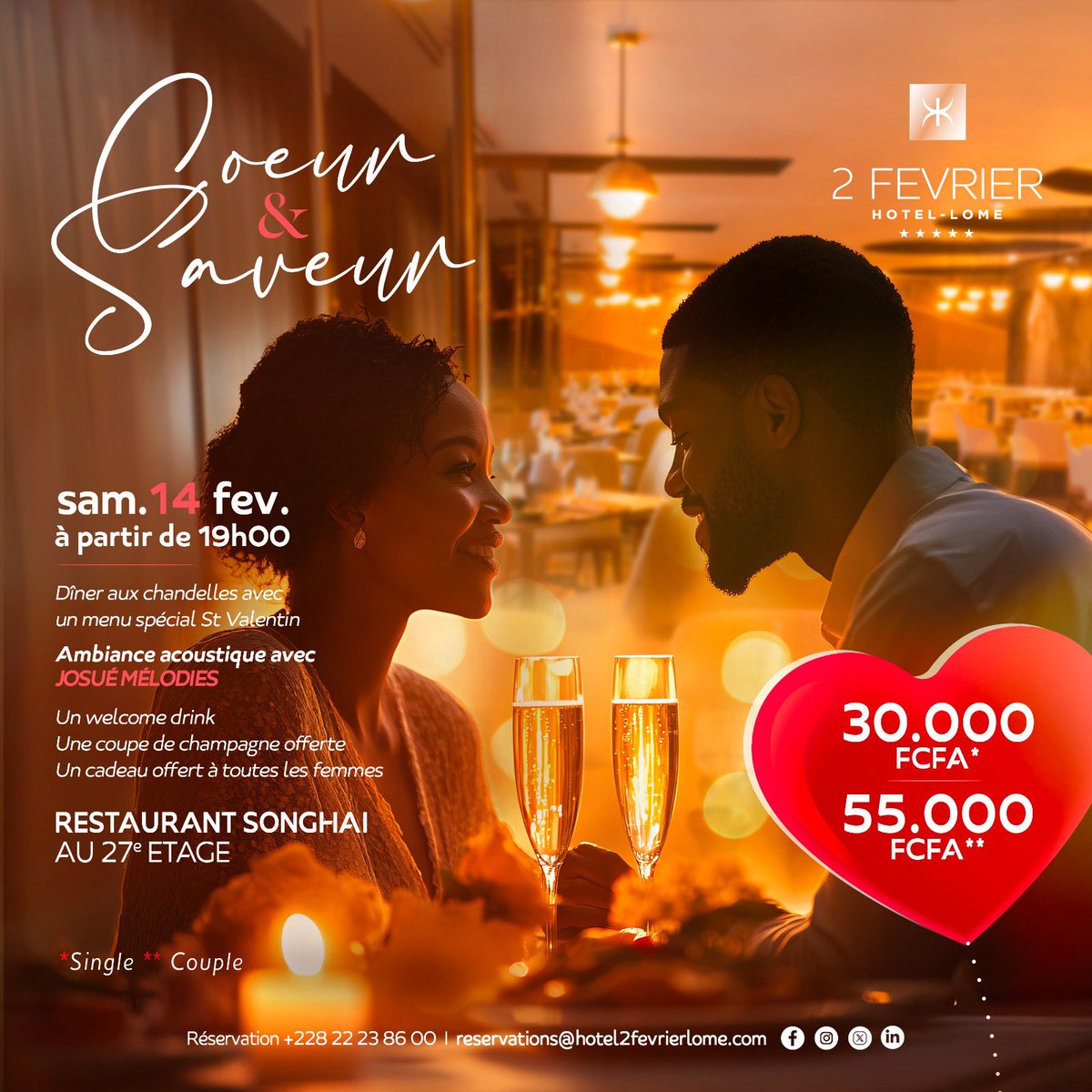 💖 Cœur &amp; Saveur – La nuit des émotions 💖
Le 14 février au Restaurant Songhaï, vivez une soirée où chaque saveur devient frisson, chaque note musicale une caresse, chaque regard une promesse. 
📅 Dès 19h00 • 🎟️ 30 000 Fcfa single / 55 000 Fcfa couple
☎️ Réservez: +228 70359555