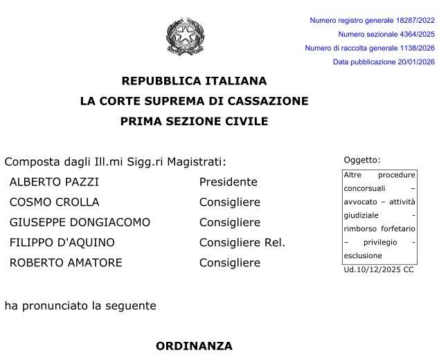 Cassazione 1138/26: il rimborso forfetario sul compenso professionale non gode del privilegio generale mobiliare