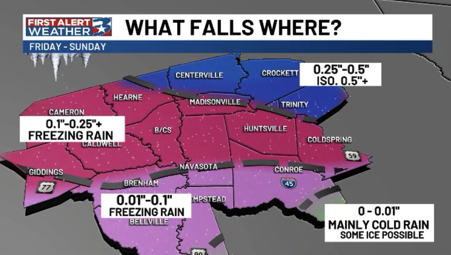 KBTXMax's tweet image. I find the WSSI from the NWS helpful. Takes precip, cold (duration and severity), infrastructure like roads and population, and assigns an impact.

Moderate travel concerns Saturday PM - at least Sunday midday, w concern for localized power outages, esp. along and east of I-45.